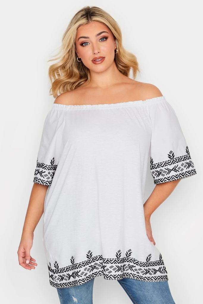 Curve White Embroidered Hem Bardot Top, Women's Curve & Plus Size, Yours