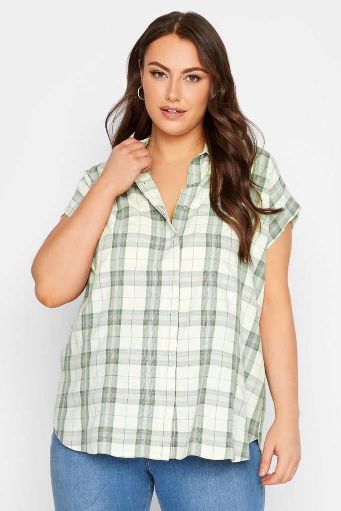 Curve Sage Green Check Print Collared Shirt, Women's Curve & Plus Size, Yours