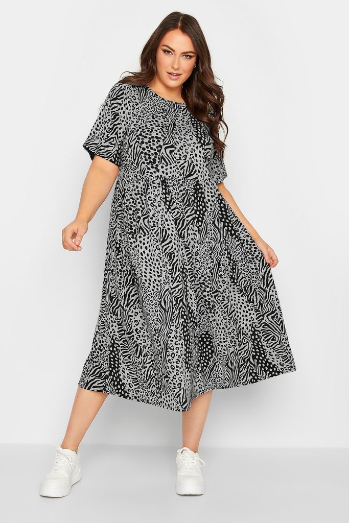 Curve Grey Mixed Animal Print Midi Smock Dress, Women's Curve & Plus Size, Yours