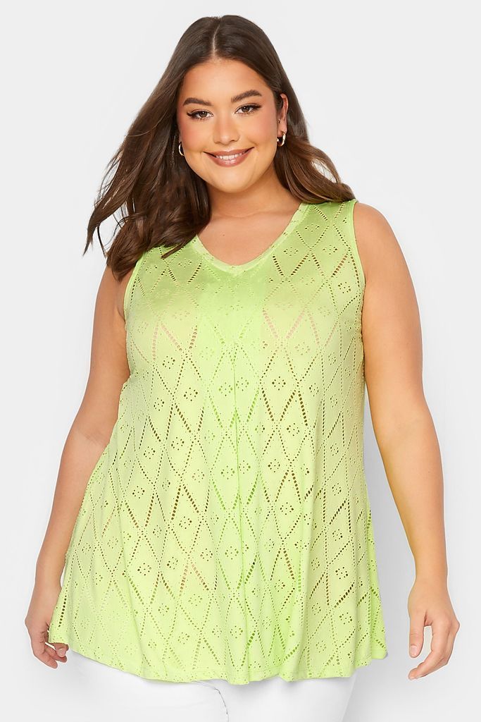 Curve Lime Green Broderie Anglaise Swing Vest Top, Women's Curve & Plus Size, Yours