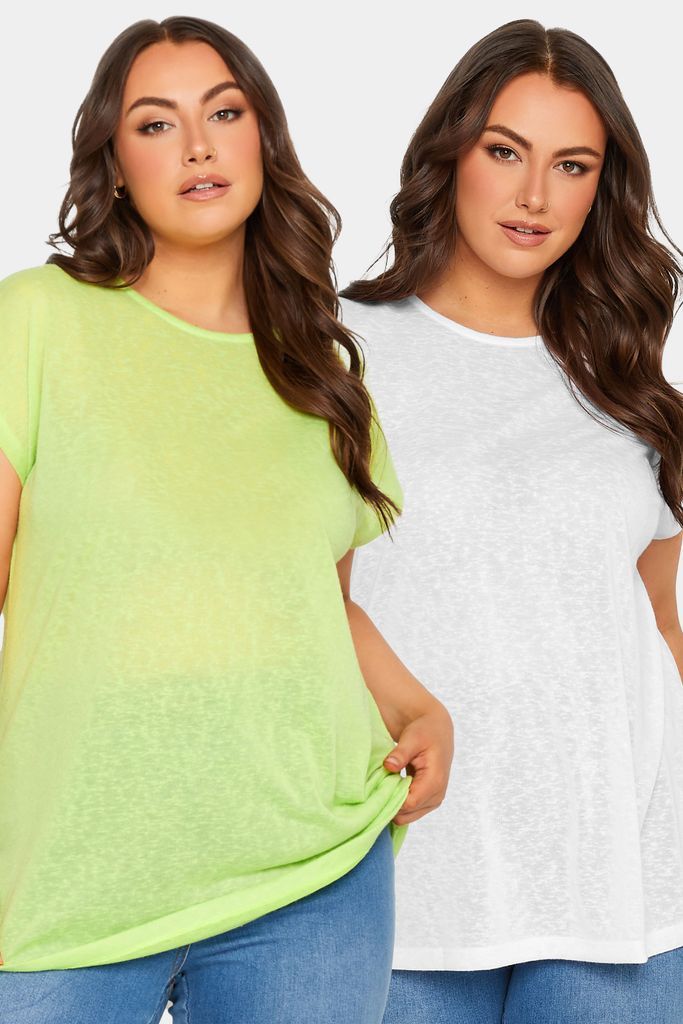 Curve 2 Pack Lime Green Linen Look Tshirt, Women's Curve & Plus Size, Yours