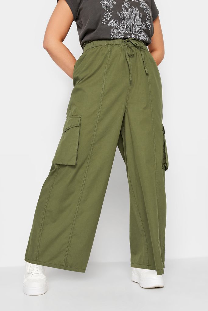 Curve Khaki Green Cargo Wide Leg Trousers, Women's Curve & Plus Size, Limited Collection