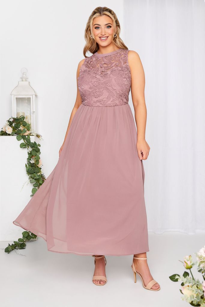 Curve Pink Lace Front Chiffon Maxi Dress, Women's Curve & Plus Size, Yours London