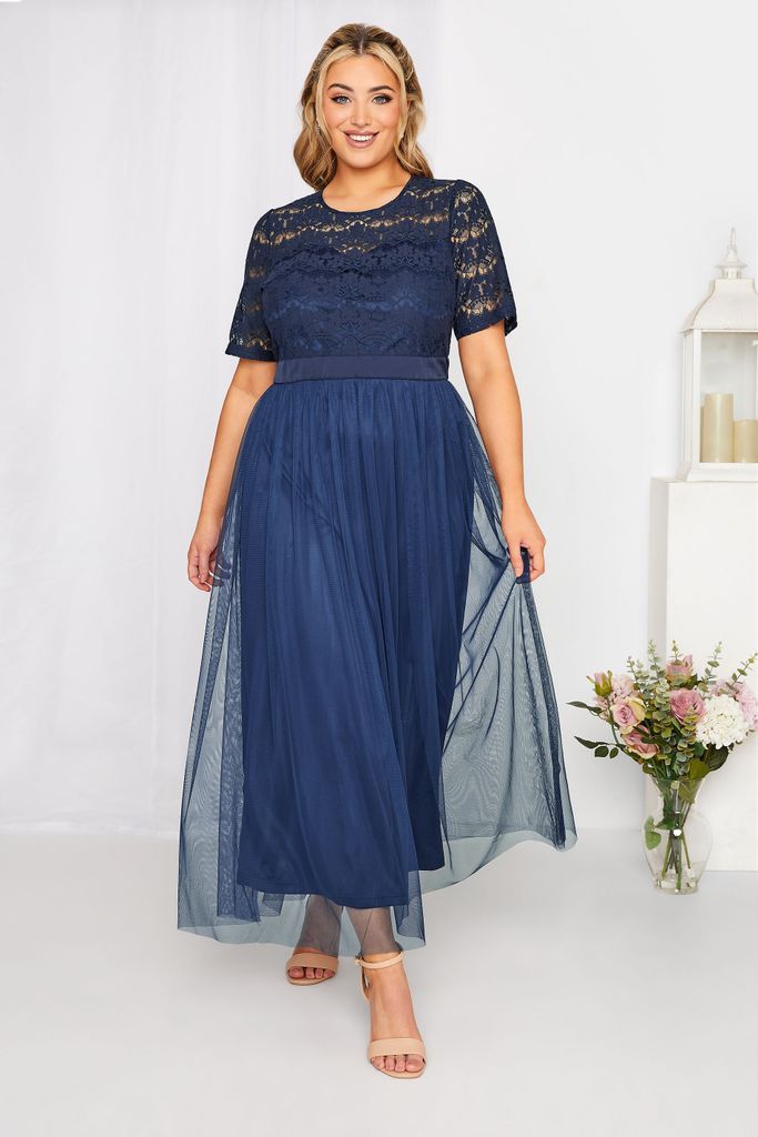 Curve Navy Blue Lace Chiffon Maxi Dress, Women's Curve & Plus Size, Yours London