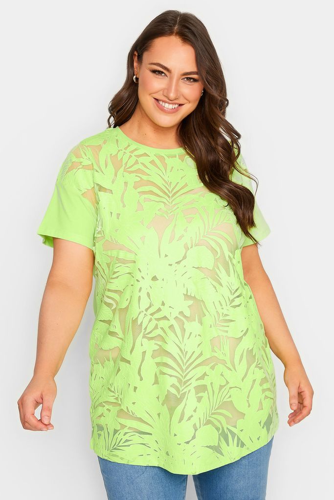 Curve Lime Green Floral Mesh Panel Tshirt, Women's Curve & Plus Size, Yours