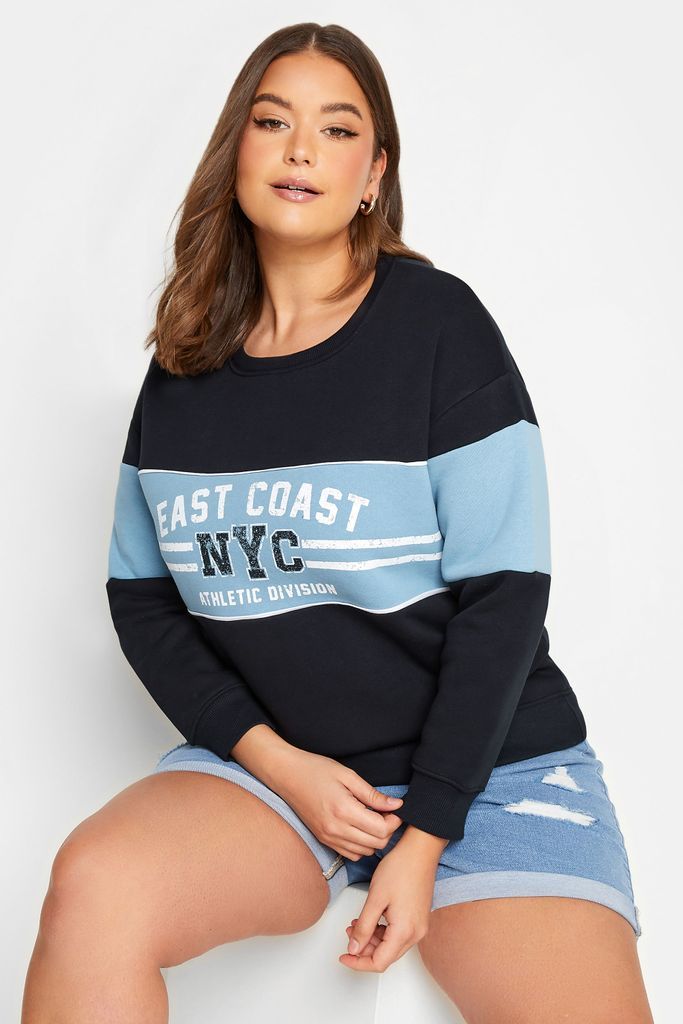 Curve Navy Blue 'Nyc' Slogan Colour Block Sweatshirt, Women's Curve & Plus Size, Yours
