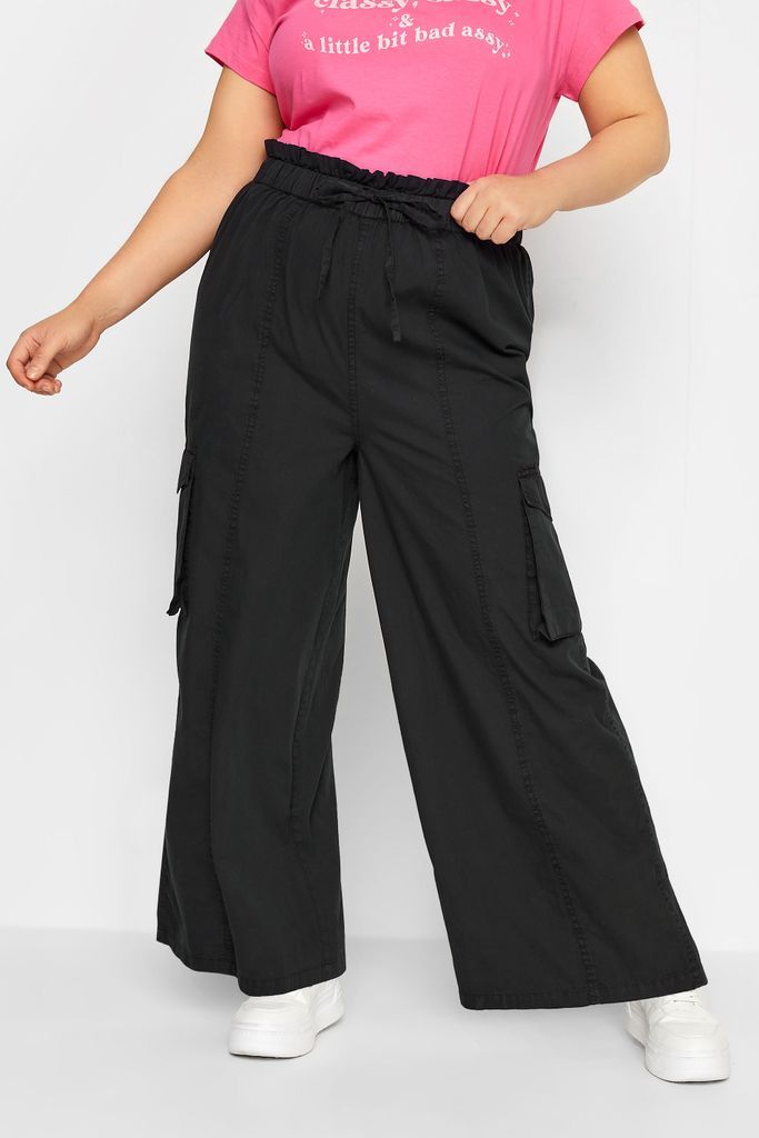 Curve Black Washed Cargo Wide Leg Trousers, Women's Curve & Plus Size, Limited Collection