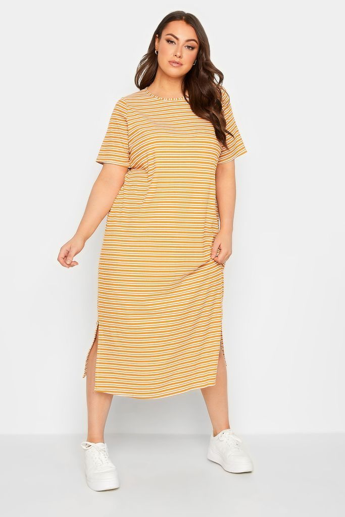Curve Orange Stripe Print Maxi Tshirt Dress, Women's Curve & Plus Size, Yours