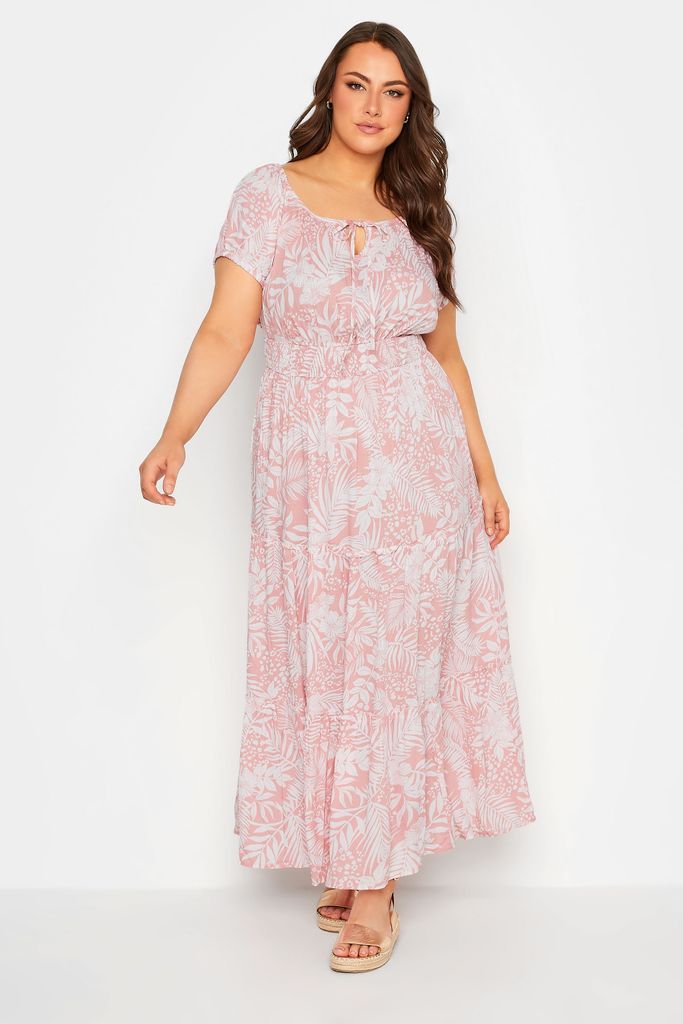 Curve Pink Tropical Print Bardot Maxi Dress, Women's Curve & Plus Size, Yours