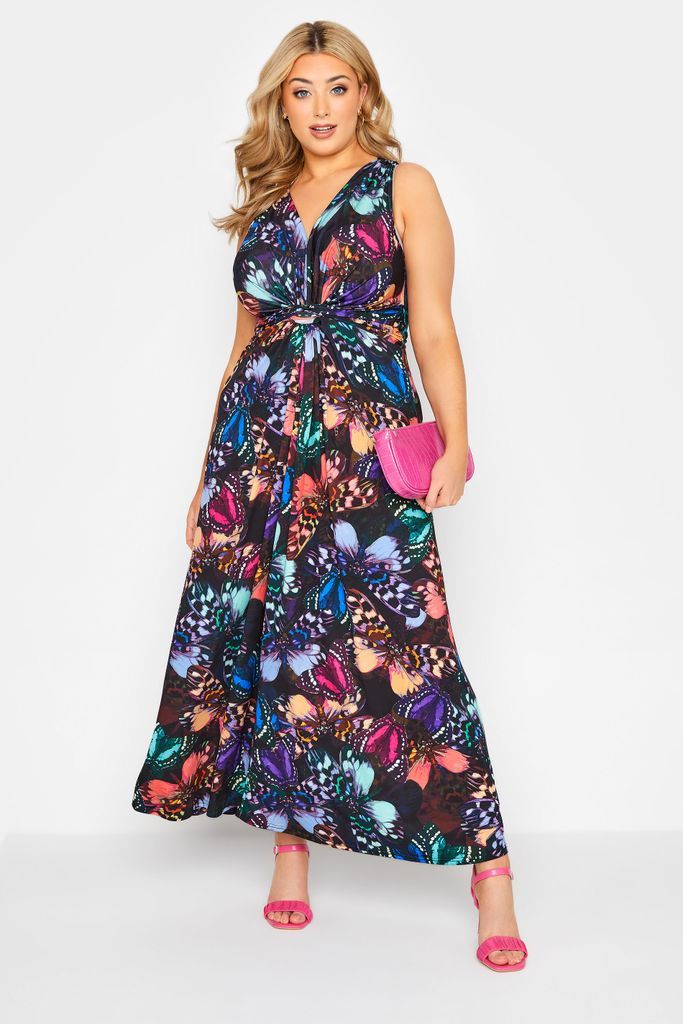 Curve Black Butterfly Print Knot Front Maxi Dress, Women's Curve & Plus Size, Yours London