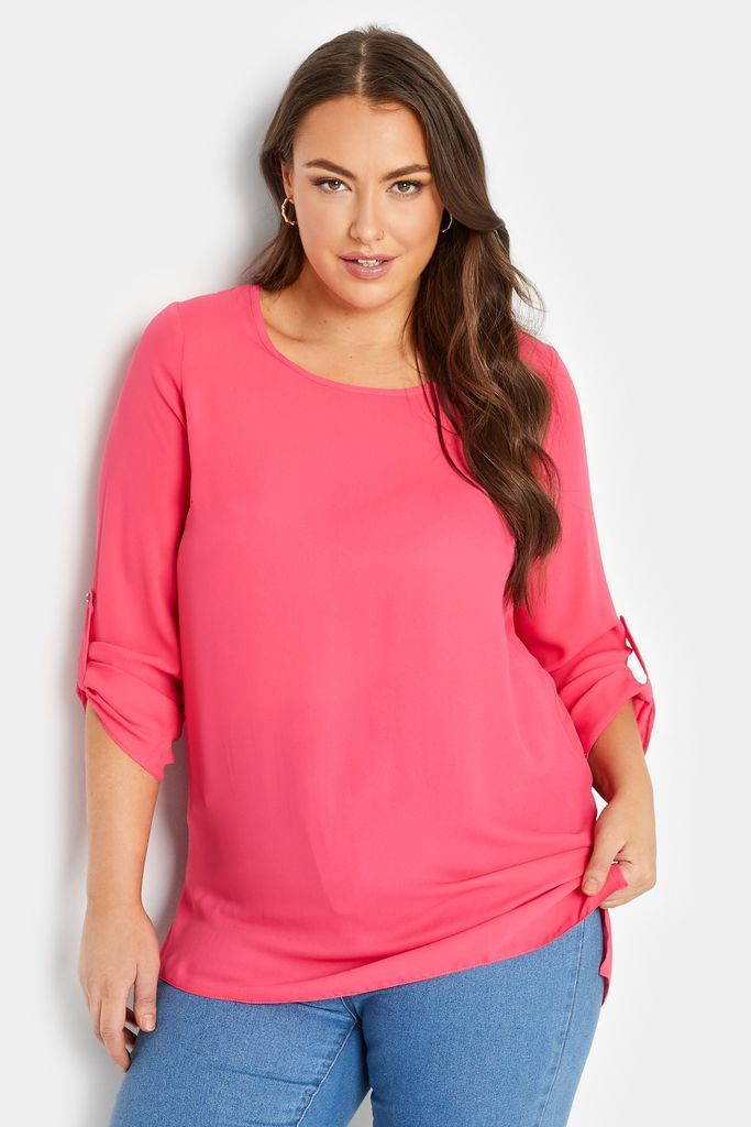 Curve Bright Pink Tab Sleeve Blouse, Women's Curve & Plus Size, Yours