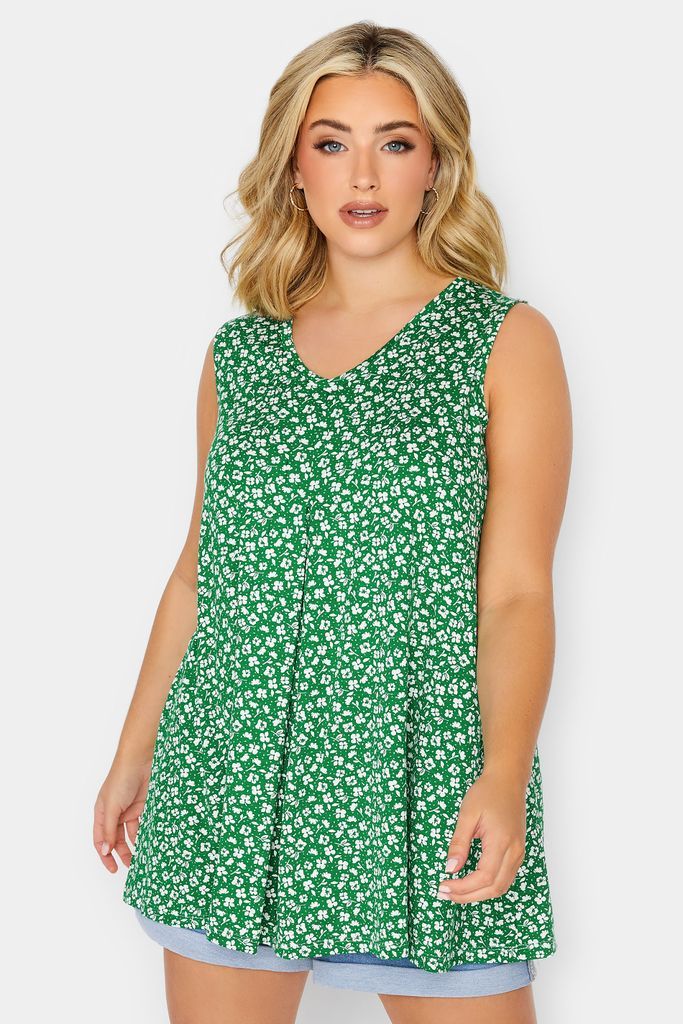 Curve Green Floral Print Pleat Front Vest Top, Women's Curve & Plus Size, Yours