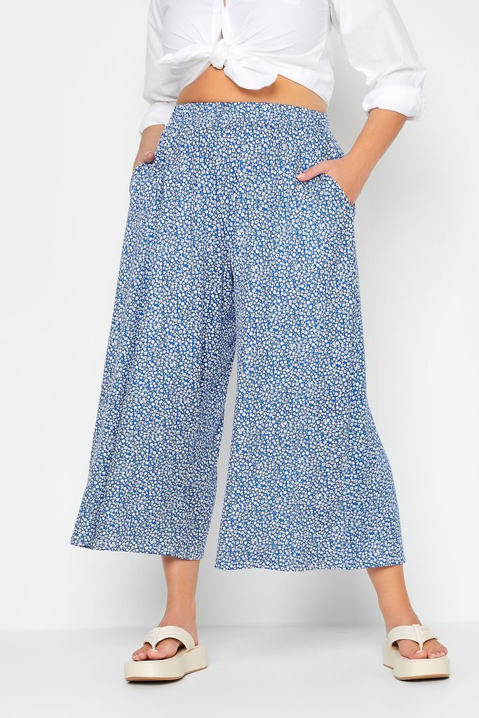 Curve Blue Ditsy Print Extra Wide Leg Culottes, Women's Curve & Plus Size, Limited Collection