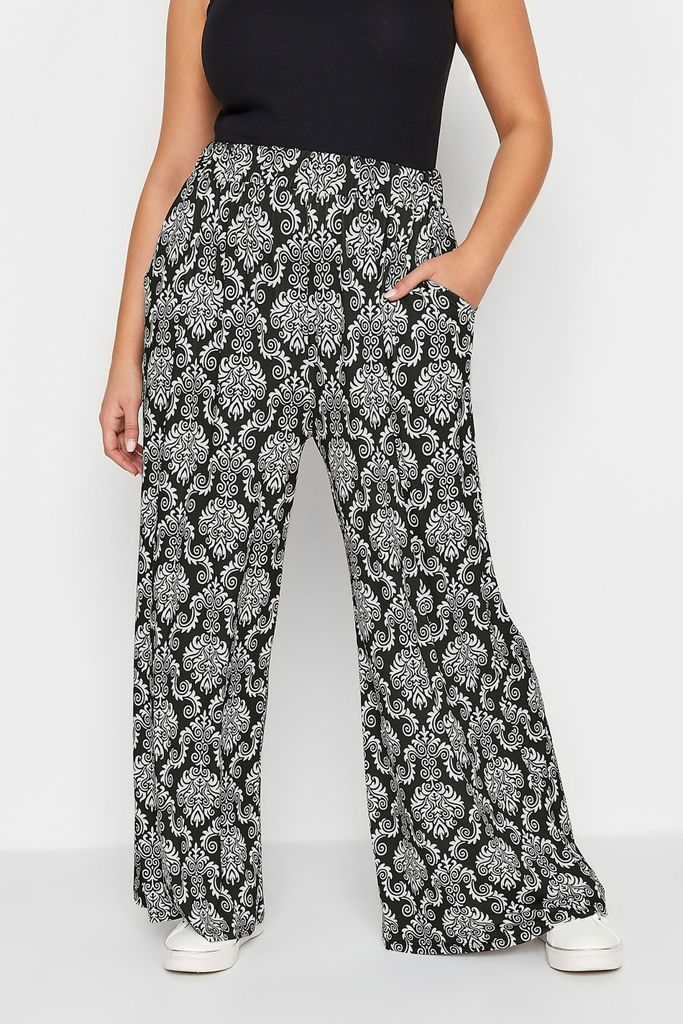Curve Black Paisley Print Pull On Wide Leg Trousers, Women's Curve & Plus Size, Yours