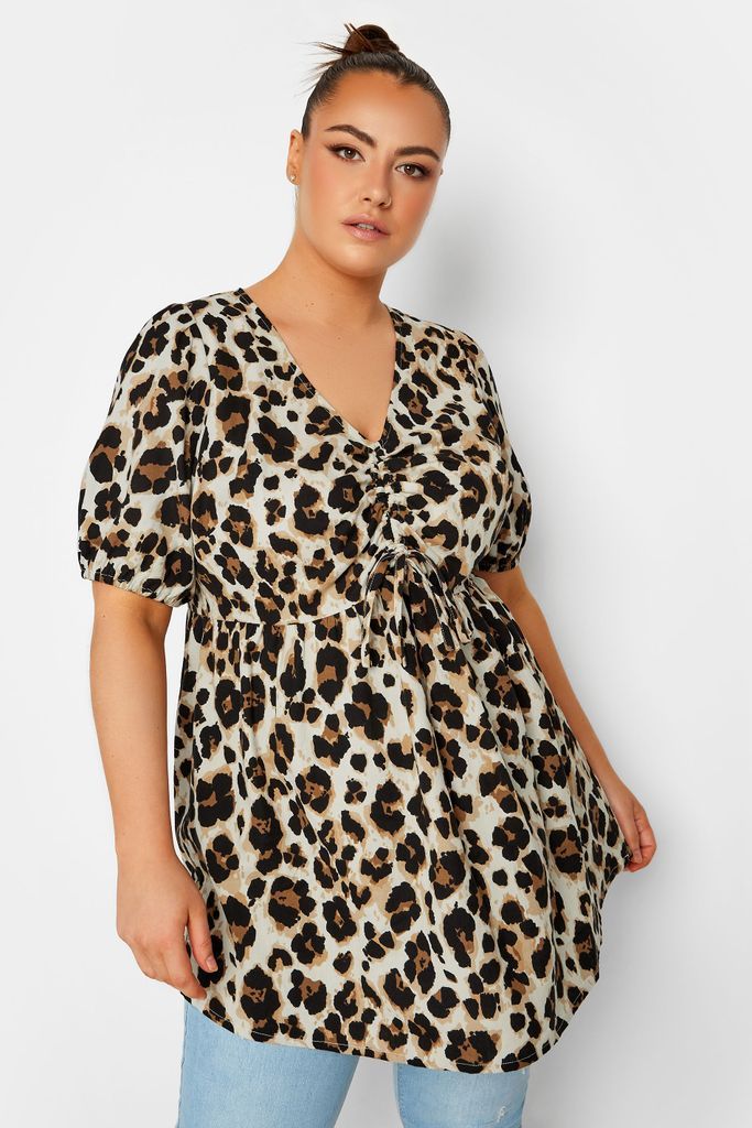Curve Brown Animal Print Ruched Front Peplum Top, Women's Curve & Plus Size, Limited Collection