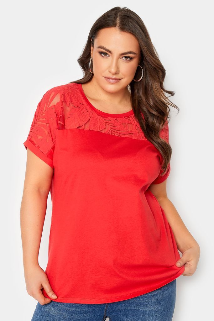 Curve Red Floral Mesh Panel Tshirt, Women's Curve & Plus Size, Yours