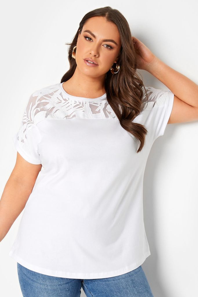 Curve White Floral Mesh Panel Tshirt, Women's Curve & Plus Size, Yours