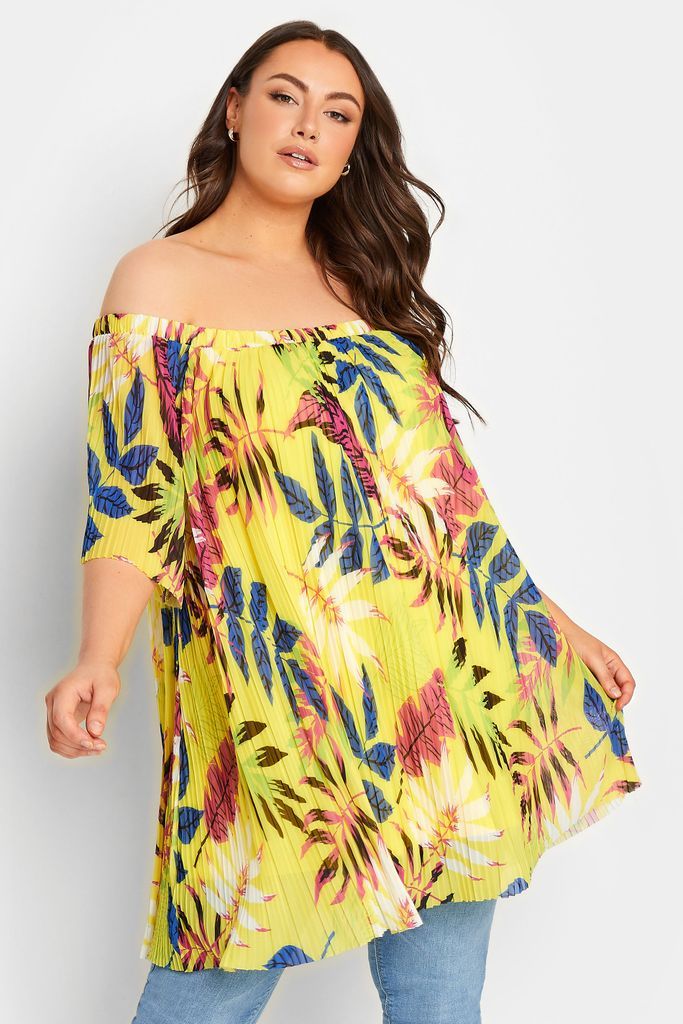 Curve Yellow Tropical Print Double Layer Mesh Top, Women's Curve & Plus Size, Yours