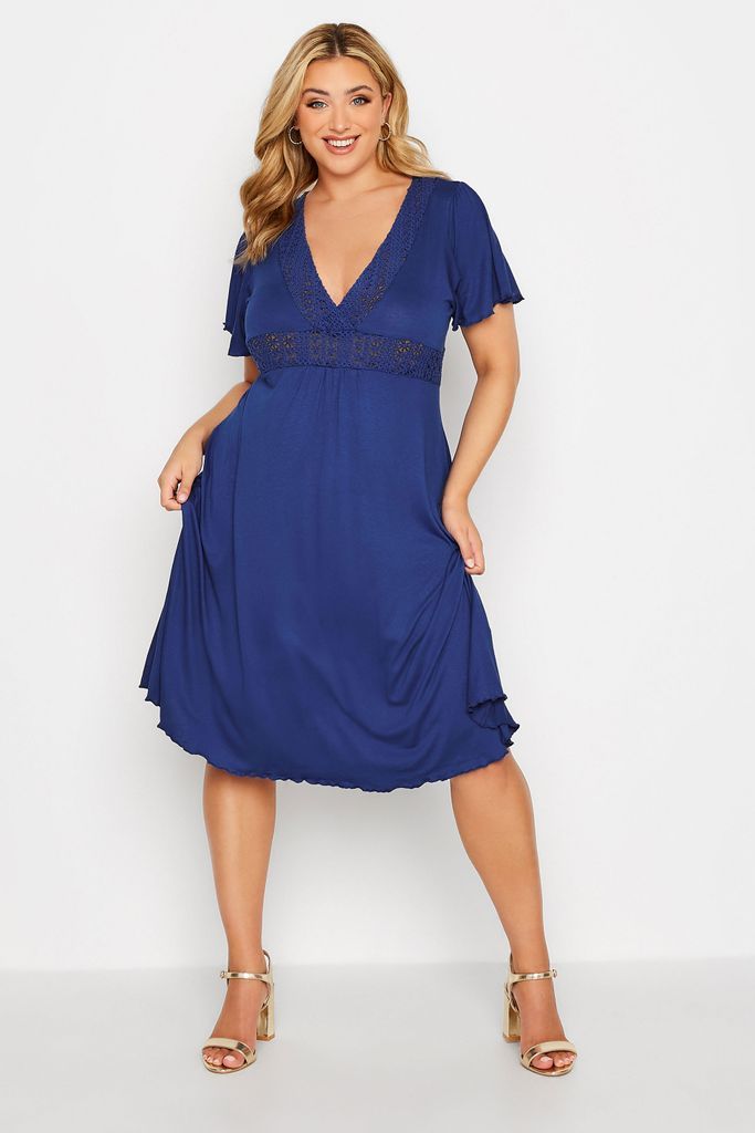 Curve Blue Crochet Detail Dress, Women's Curve & Plus Size, Yours