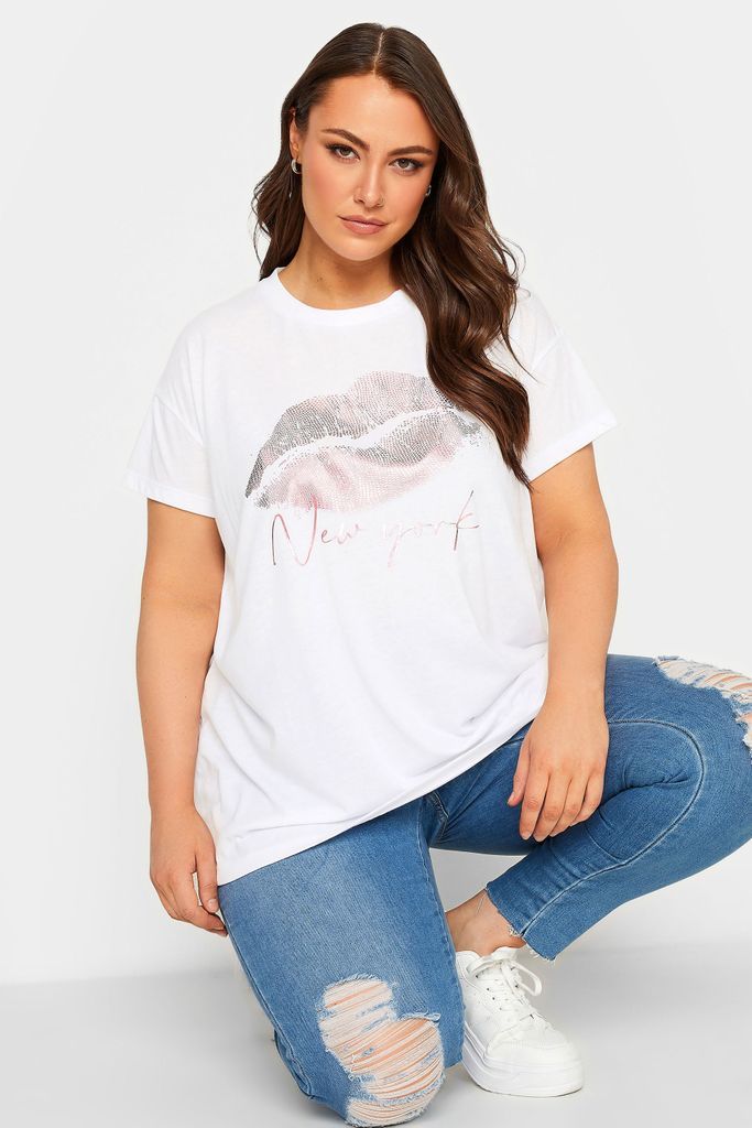 Curve White Lips Foil Print Tshirt, Women's Curve & Plus Size, Yours