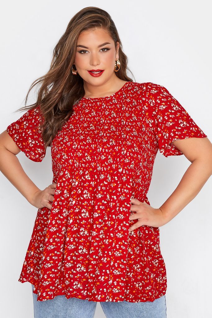 Curve Red Floral Shirred Crinkle Smock Top, Women's Curve & Plus Size, Limited Collection