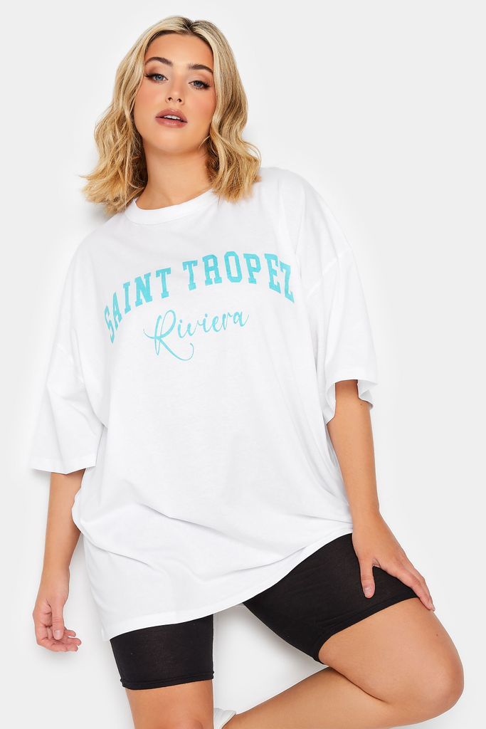 Curve White 'Saint Tropez' Slogan Oversized Boxy Tshirt, Women's Curve & Plus Size, Yours