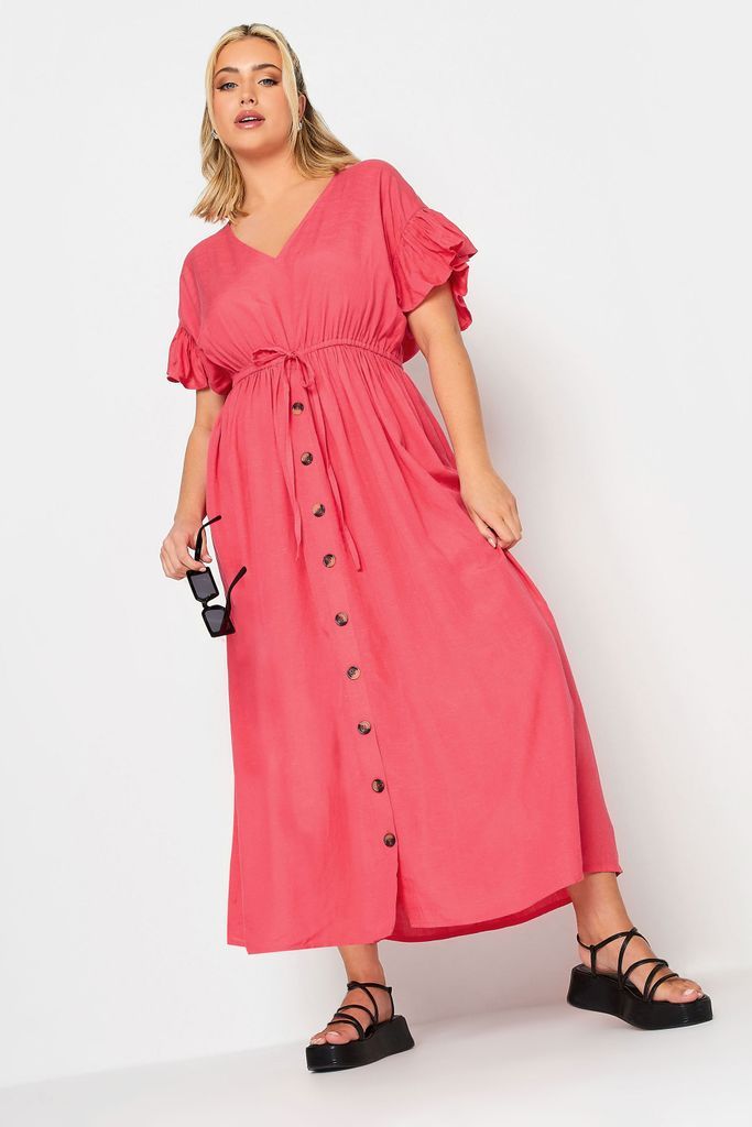 Curve Coral Pink Frill Sleeve Cotton Maxi Dress, Women's Curve & Plus Size, Limited Collection