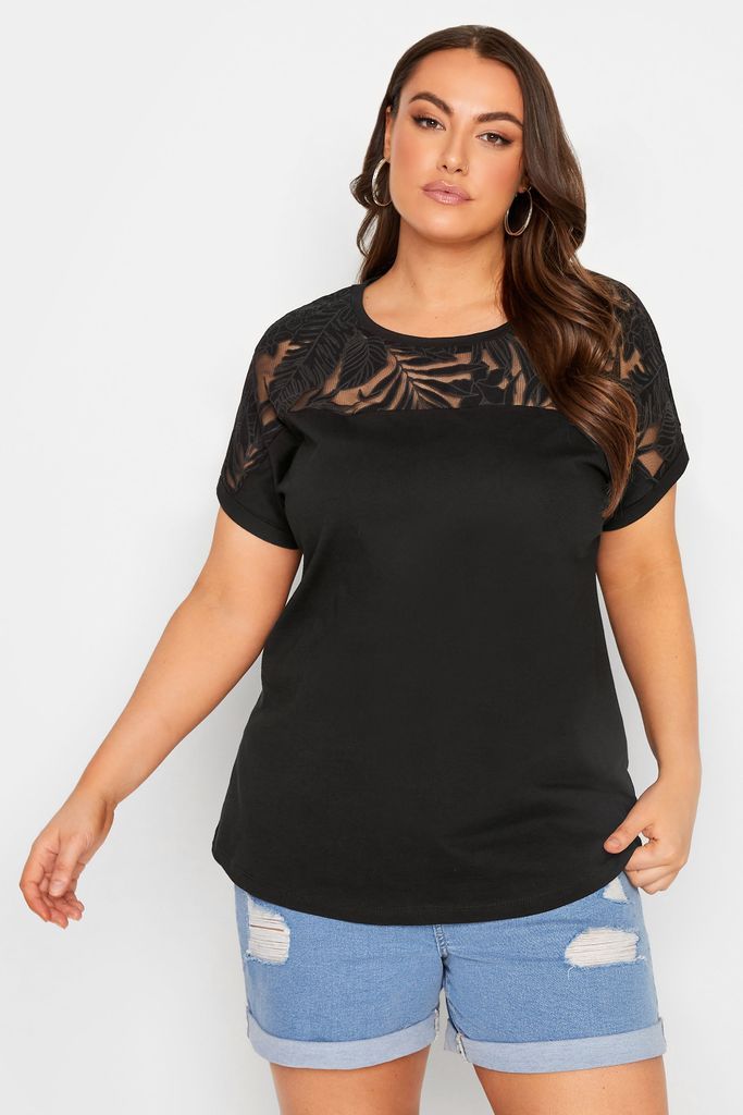 Curve Black Floral Mesh Panel Tshirt, Women's Curve & Plus Size, Yours