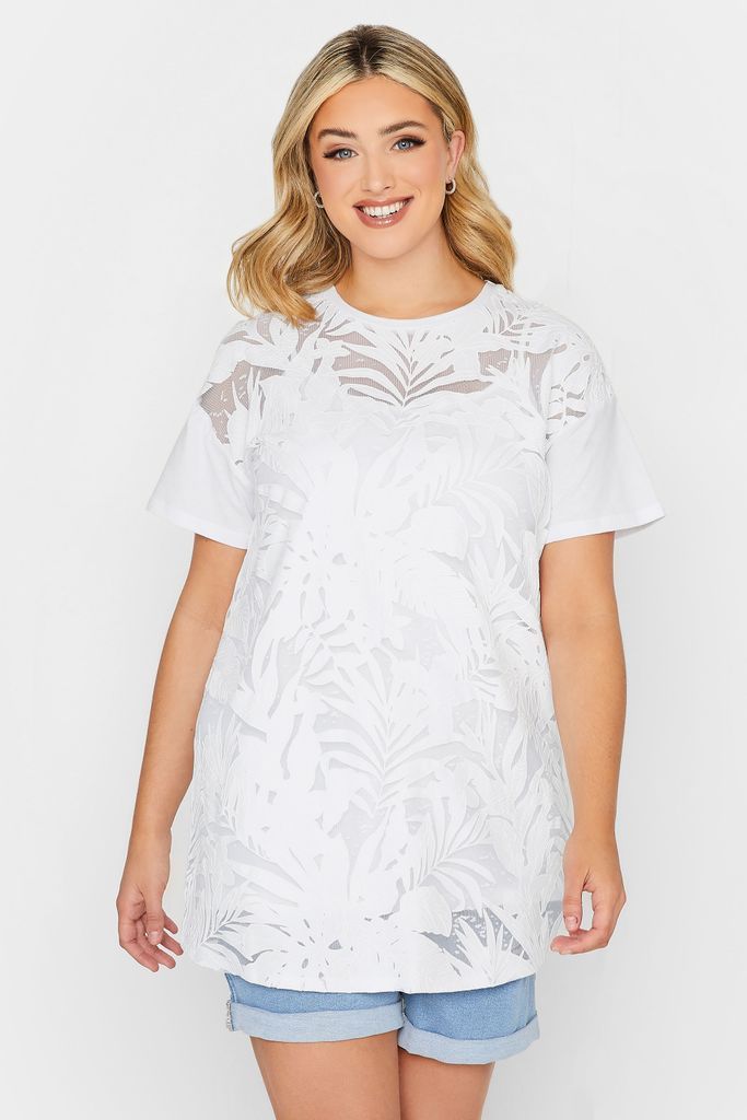 Curve White Floral Mesh Front Tshirt, Women's Curve & Plus Size, Yours