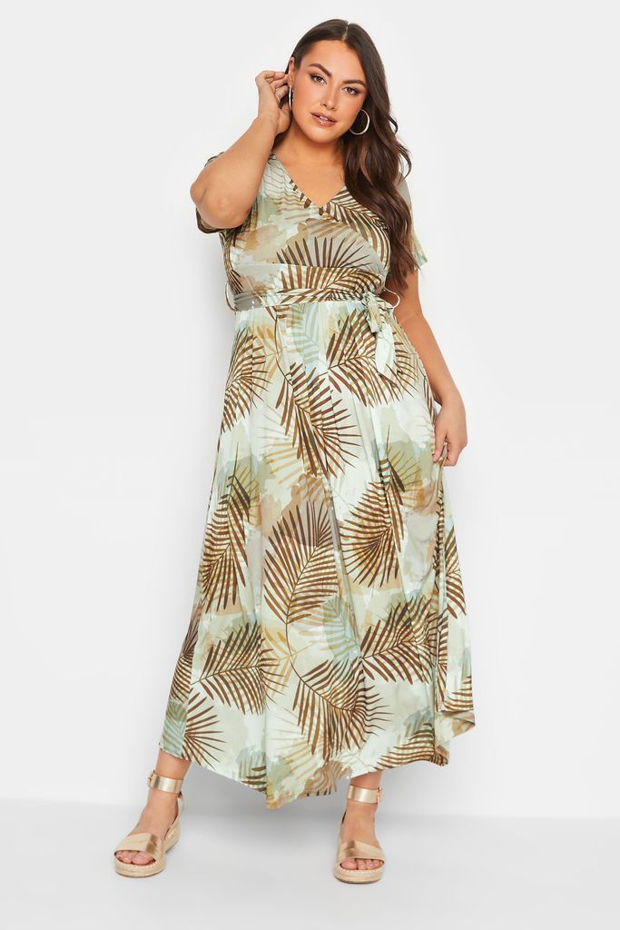 Curve Brown Tropical Leaf Print Wrap Dress, Women's Curve & Plus Size, Yours