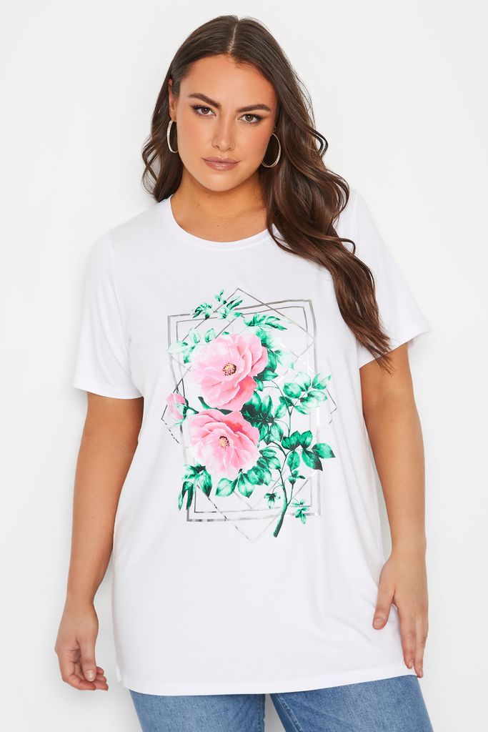 Curve White Floral Foil Print Tshirt, Women's Curve & Plus Size, Yours