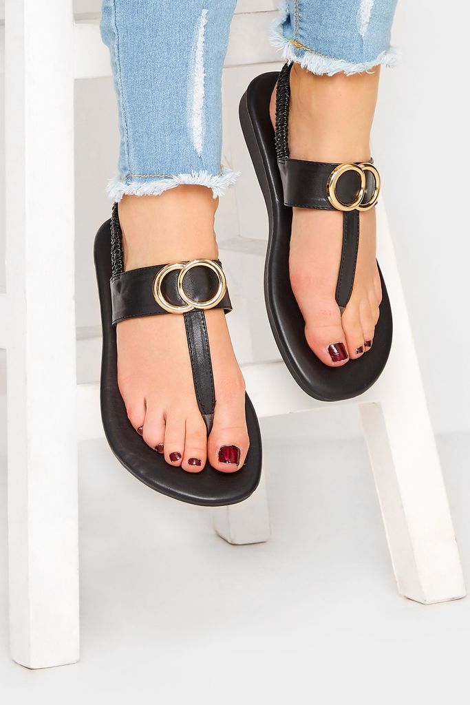 Black & Gold Double Ring Sandals In Wide E Fit & Extra Wide eee Fit