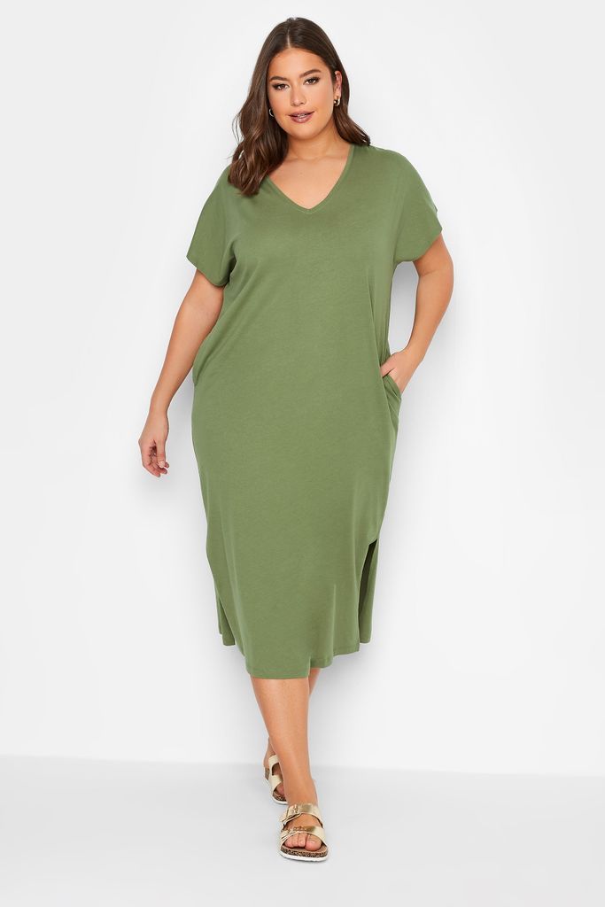 Curve Khaki Green Side Split Midaxi Tshirt Dress, Women's Curve & Plus Size, Yours