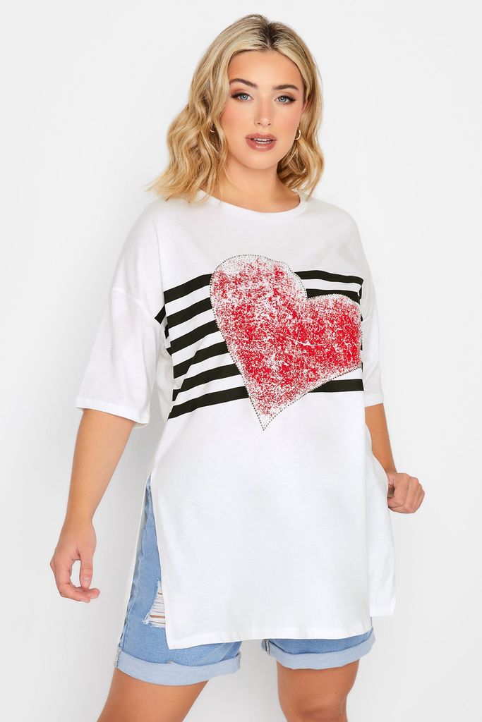 Curve White Heart Print Tshirt, Women's Curve & Plus Size, Yours