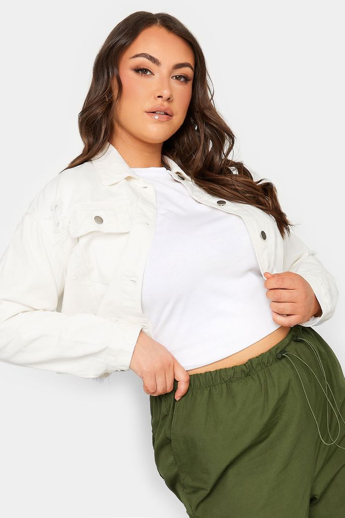 Curve White Cropped Distressed Denim Jacket, Women's Curve & Plus Size, Yours