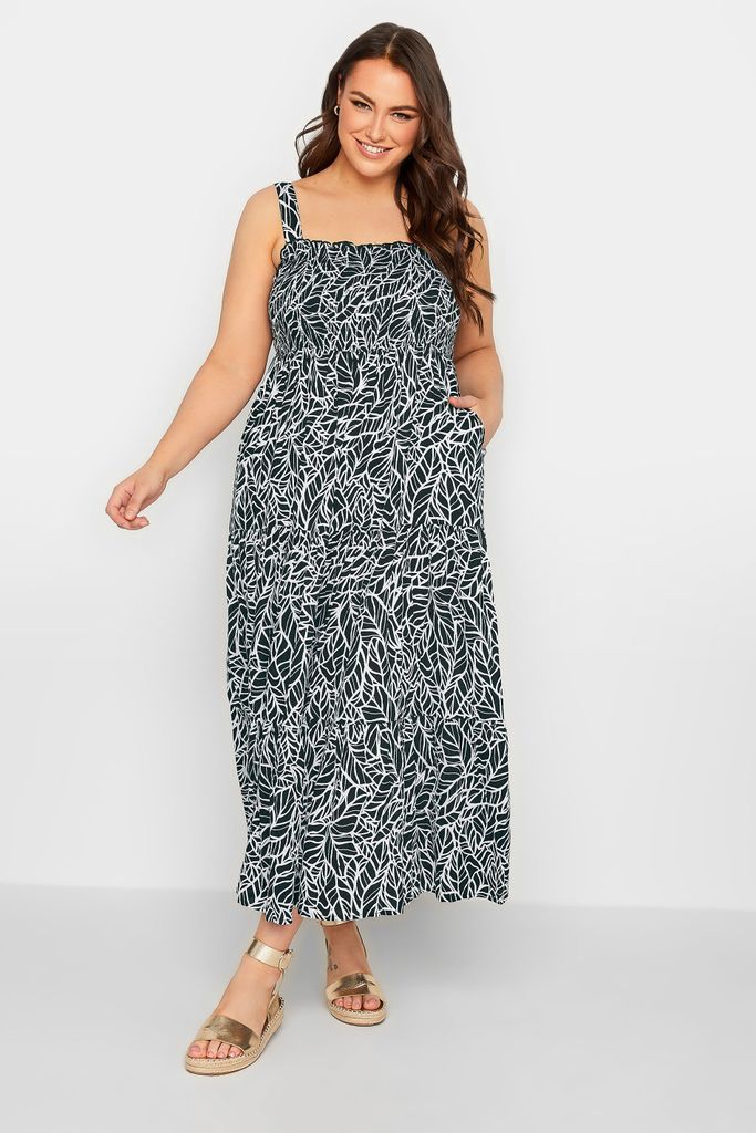 Curve Black Leaf Print Shirred Maxi Dress, Women's Curve & Plus Size, Yours