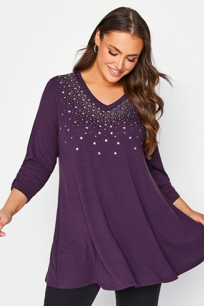 Curve Purple Star Stud Embellished Swing Top, Women's Curve & Plus Size, Yours