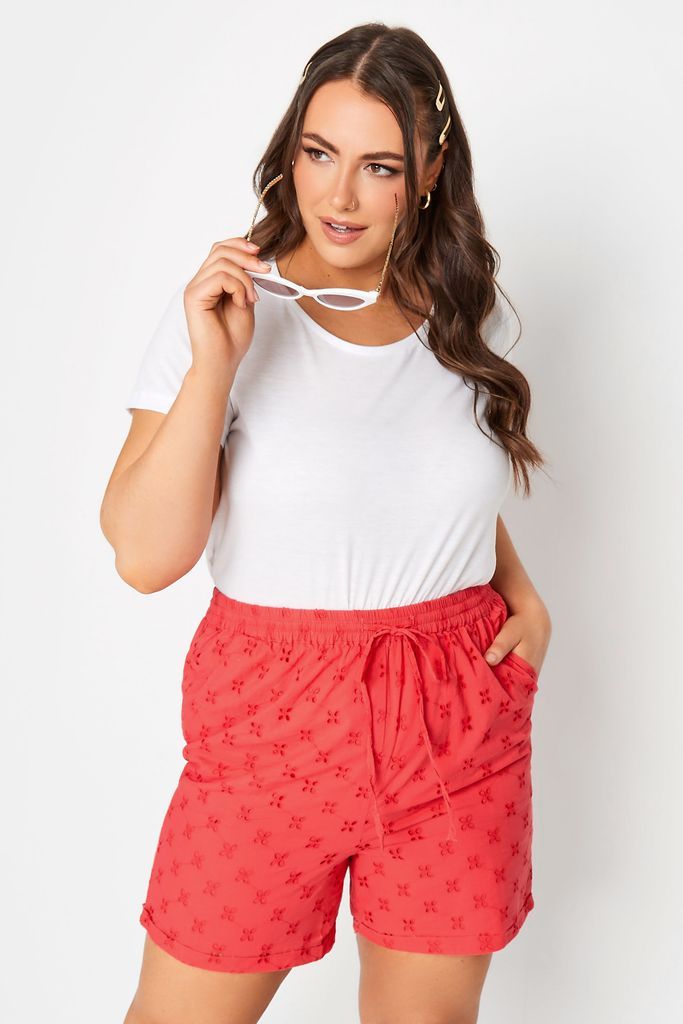 Curve Coral Orange Broderie Anglaise Shorts, Women's Curve & Plus Size, Limited Collection