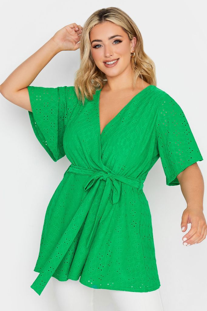 Curve Green Vneck Broderie Anglaise Wrap Top, Women's Curve & Plus Size, Yours