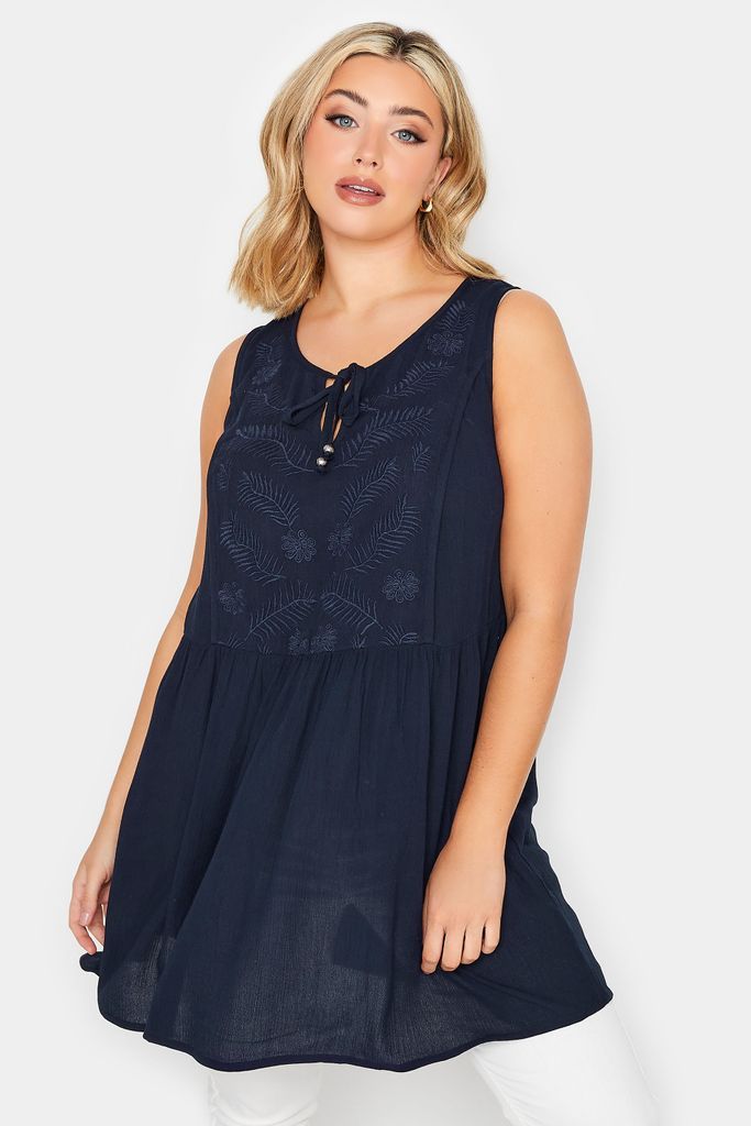 Curve Navy Blue Embroidered Peplum Vest Top, Women's Curve & Plus Size, Yours