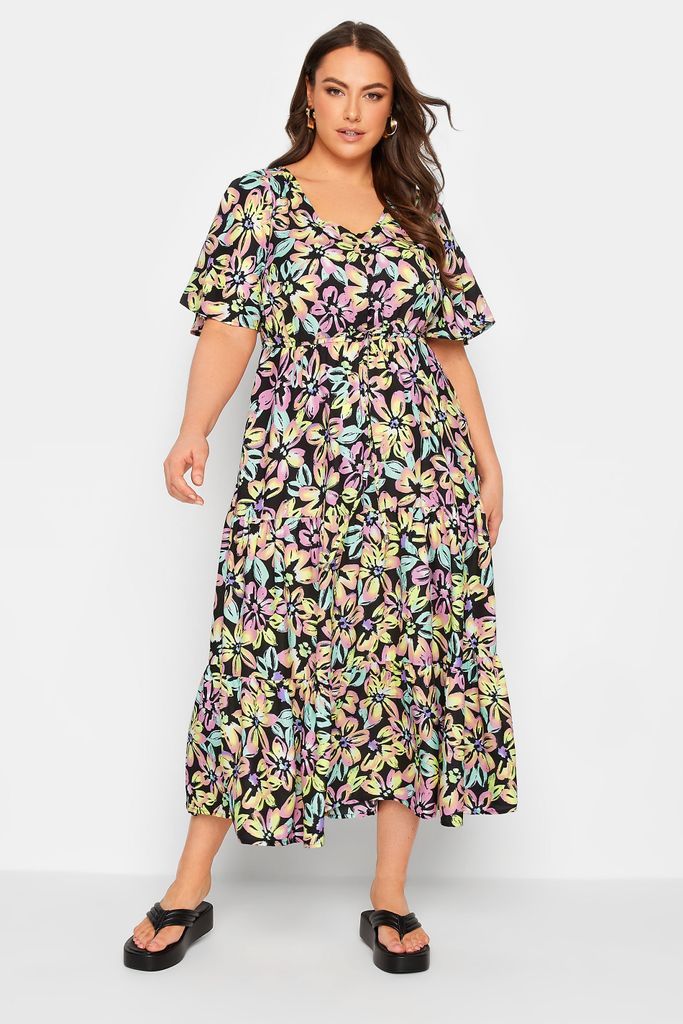 Curve Black Neon Floral Tiered Midi Dress, Women's Curve & Plus Size, Yours