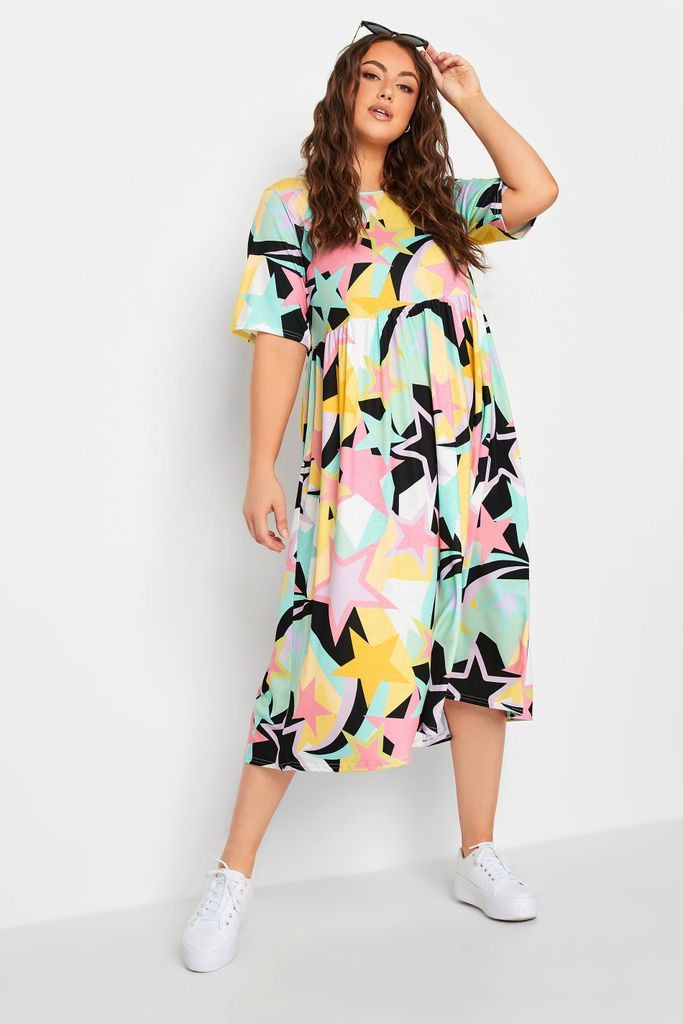 Curve Black & Pink Star Print Midaxi Smock Dress, Women's Curve & Plus Size, Limited Collection