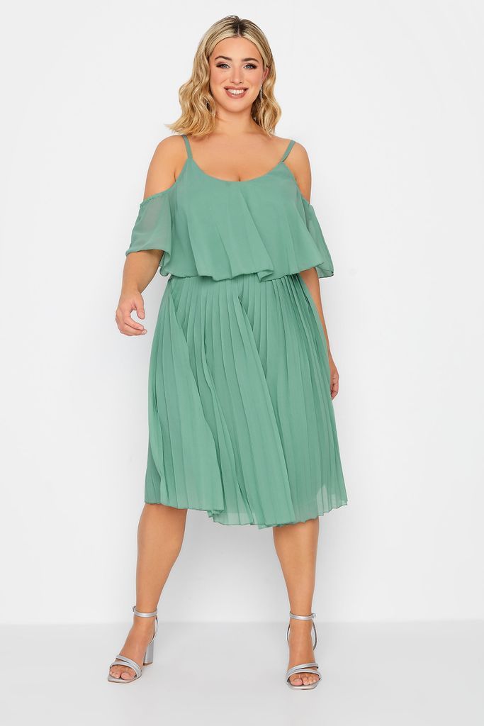 Curve Green Pleated Overlay Midi Dress, Women's Curve & Plus Size, Yours London