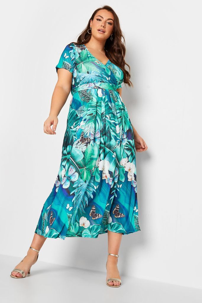 Curve Blue Leaf Print Wrap Neck Dress, Women's Curve & Plus Size, Yours