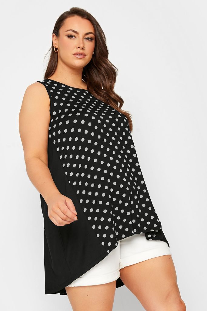 Curve Black Polka Dot Print Dipped Hem Vest Top, Women's Curve & Plus Size, Yours