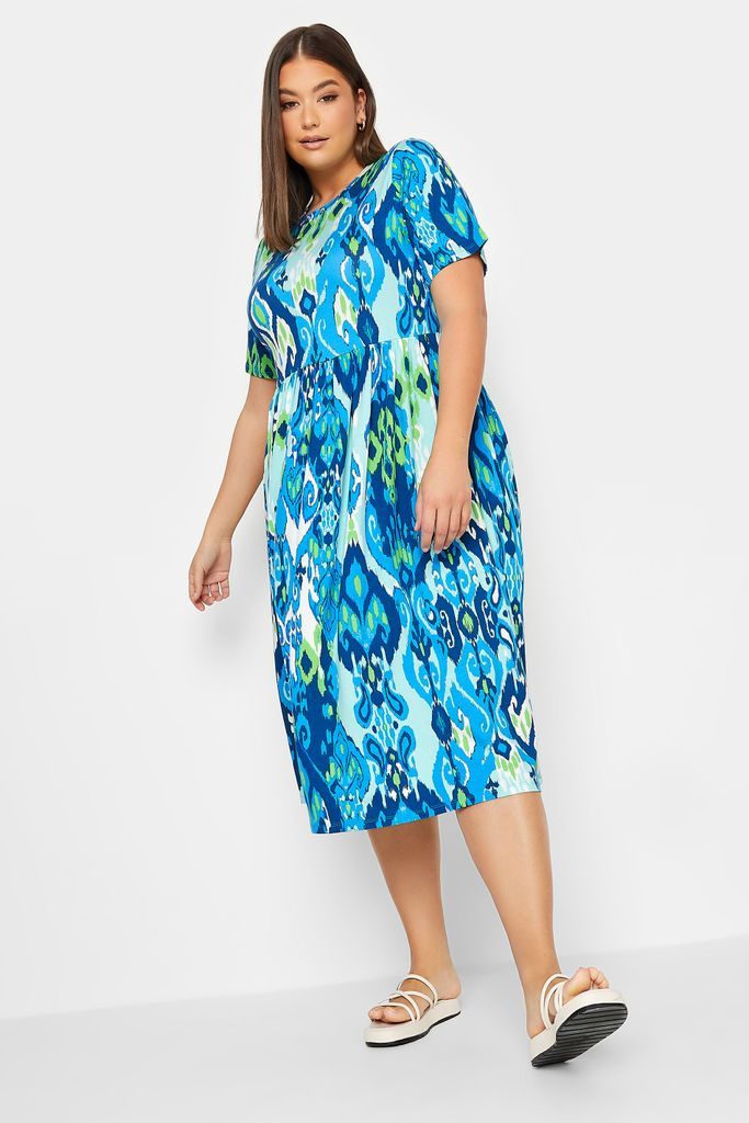 Curve Blue Abstract Print Frill Sleeve Smock Dress, Women's Curve & Plus Size, Yours