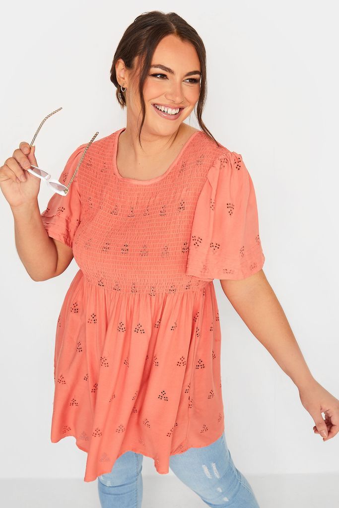 Curve Coral Pink Embroidered Shirred Top, Women's Curve & Plus Size, Limited Collection