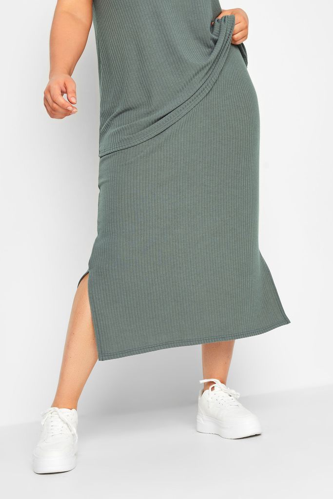 Curve Sage Green Ribbed Midi Skirt, Women's Curve & Plus Size, Yours