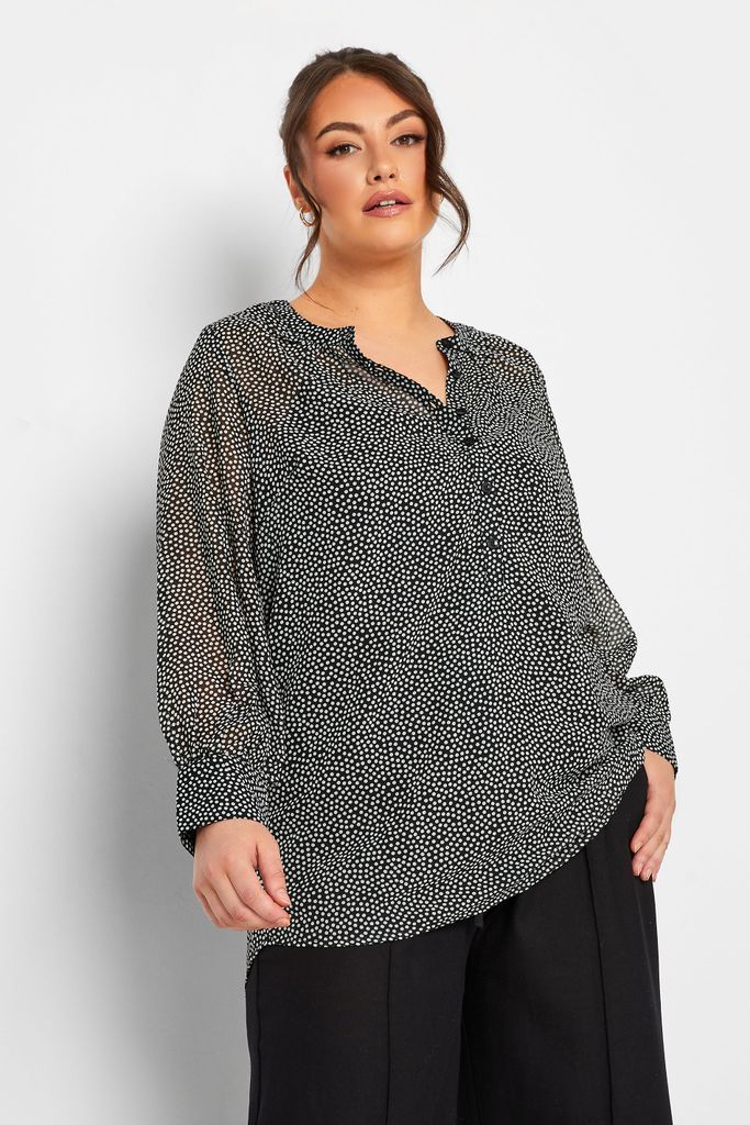 Curve Black Polka Dot Print Chiffon Shirt, Women's Curve & Plus Size, Yours
