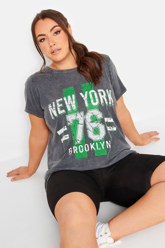 Curve Grey Acid Wash 'New York' Print Tshirt, Women's Curve & Plus Size, Yours